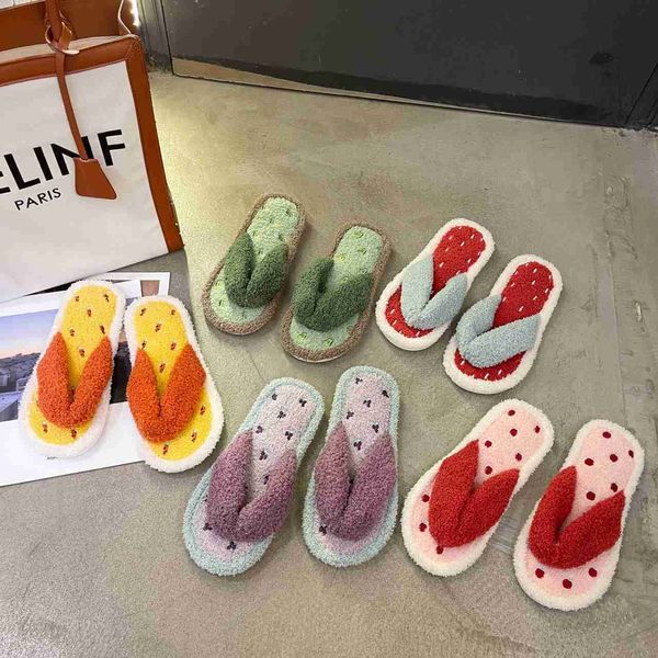 

slippers warm fluffy plus women cartoon fruit faux fur cross indoor floor flip flops female home flat soft fur flip flops, Black