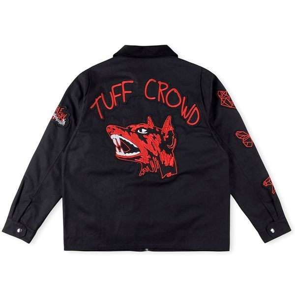 

hip hop jackets men vintage dog embroidery coat 5 pockets cargo high street zip jacket coats, Black;brown
