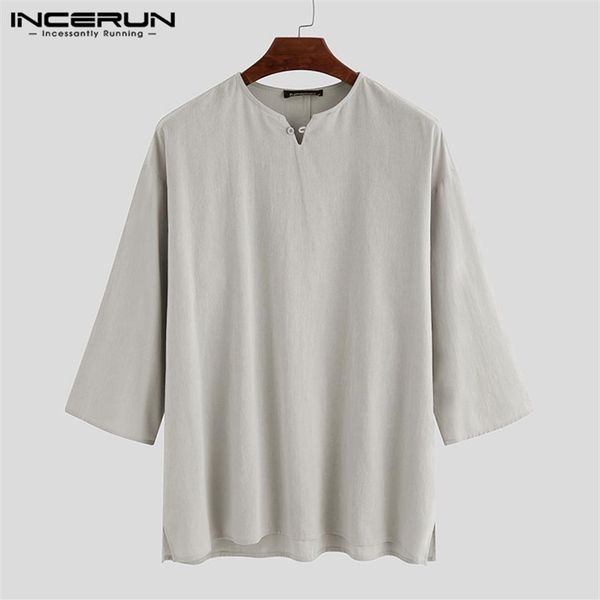 

incerun vintage cotton linen men shirt 3 4 sleeve casual loose v neck solid color mens pullovers retro streetwear camisa 2020228m, White;black