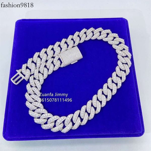 

sparkly shining jewelry iced out 20mm 3 row sier vvs1 moissanite cuban link necklace men, Silver