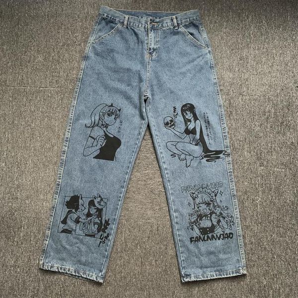 

men's jeans godlikeu men washed harajuku anime print baggy streetwear cotton fashion loose wide leg pants2598, Blue