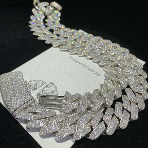 

full iced out d color vvs1 moissanite cuban bracelet bling round diamond hip hop necklace solid sier men cuban link chain, Silver