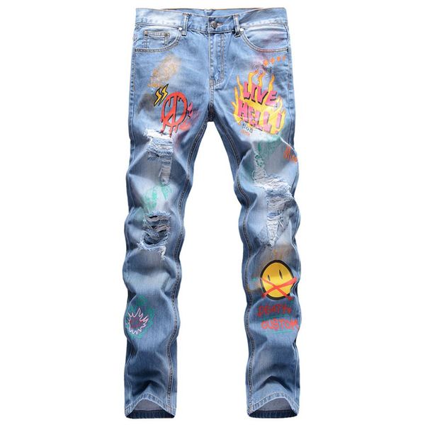 

unique mens distressed printed slim fit jeans fashion ripped graffiti blue biker denim pants big size motocycle hip hop trousers 1237p