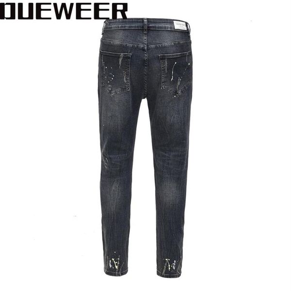 

dueweer swag washed destroyed jean streetwear knee hole biker jeans men trend fashion splash ink skinny jeans pants for men304k, Blue