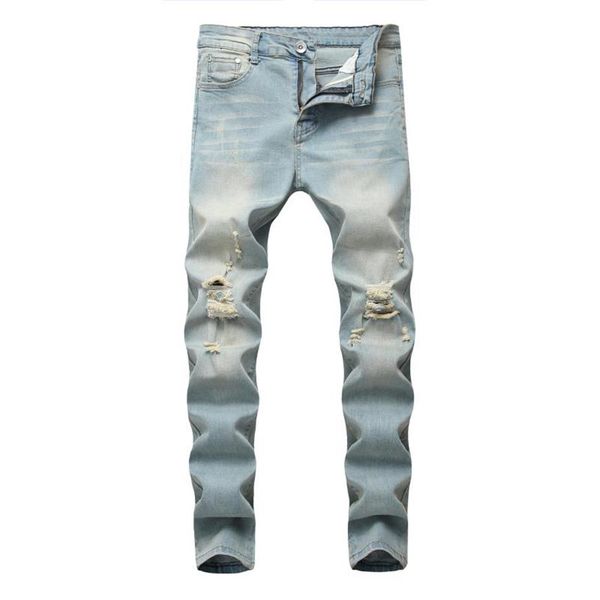 

whole 2020 fashion washing casual light blue denim distressed slim stretch cowboy locomotive biker hip hop street jeans men239i