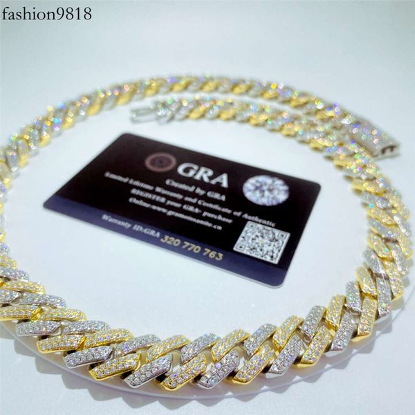 

wholesale mens gold chains 14mm iced out two tone vvs moissanite miami cuban link chain sterling sier cuban necklace, Silver