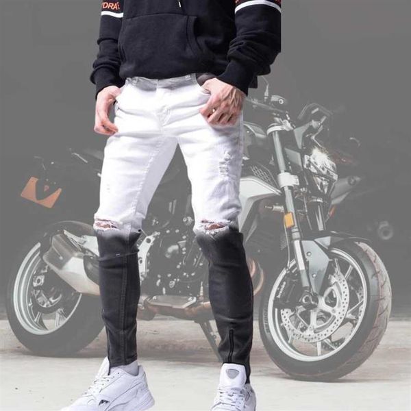 

men's jeans men elasticity skinny ripped gradient color man pencil pants fashion motor biker hip hop zipper denim trousers323f, Blue