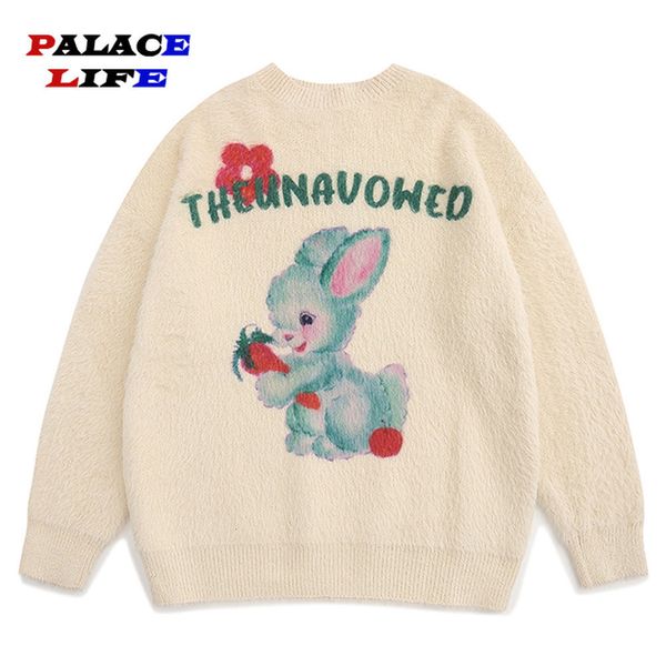 

men's sweaters mink hair sweater men hip hop streetwear harajuku cartoon rabbit print loose knitted couple cotton pullover oneck 23081, White;black