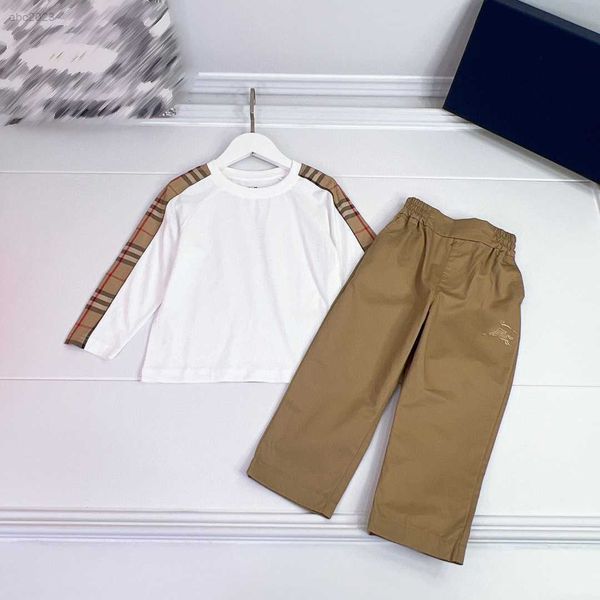 

new designer baby autumn sets kids tracksuits size 100-160 cm 2pcs white patchwork plaid on sleeves sweater and khaki pants