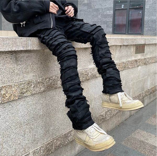 

mens jeans heavy industry hole frayed destruction waxed high street retro straight ripped pencil pants oversize denim trousers 230811, Blue