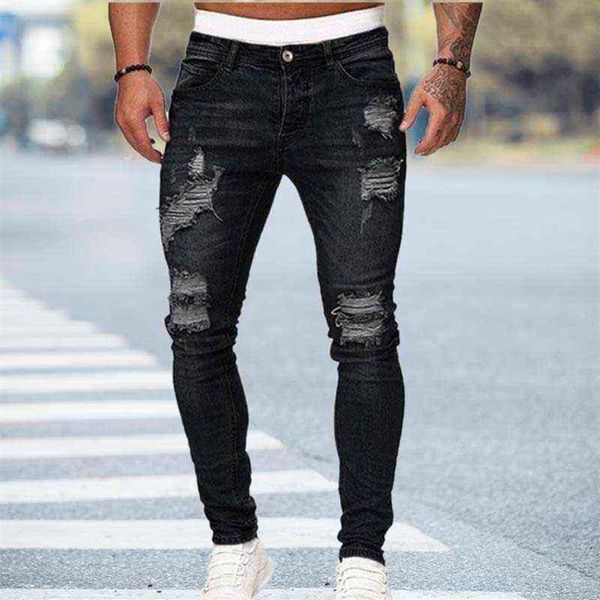 

black skinny jeans men ripped jeans male 2021 new casual hole summer street hip hop slim denim pants man fashion jogger trousers h2663, Blue