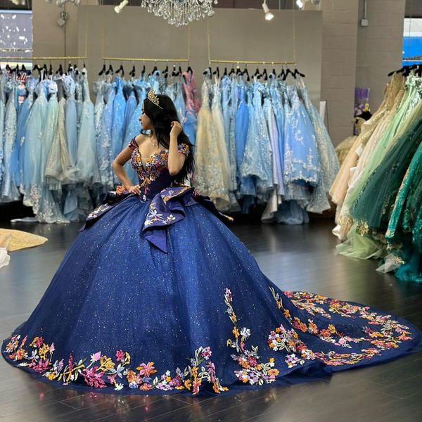 

luxury navy blue glittering off-shoulder quinceanera dresses applique lace corset vestidos de 15 anos birthday party ball gown, Blue;red