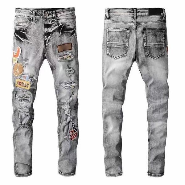

2022 ss hip-hop high-street fashion brand jeans retro torn fold stitching men's designer motorcycle riding slim-fitting casua261l, Blue