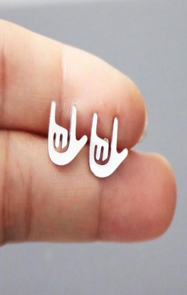 

everfast new palm earring minimalistic i love you sign stainless steel earrings studs fashion ear jewelry for women girls t1074209129, Golden;silver