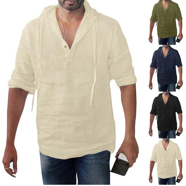 

summer pullover with men's hood baggy cotton linen solid multi-pocket long sleeve turn-down collar shirts276t, White;black