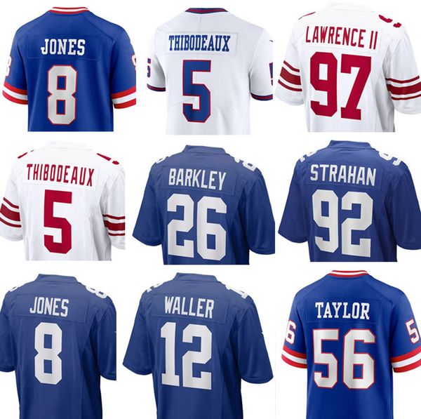 

football jersey 56 lawrence taylor 92 michael strahan 5 kayvon thibodeaux 26 saquon barkley 8 daniel jones 12 darren waller 97 dexter lawren, Black;red