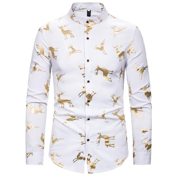 

whole-men's mandarin collar dress shirts hipster gold elk foil print christmas shirt men slim fit long sleeve tuxedo shir205p, White;black