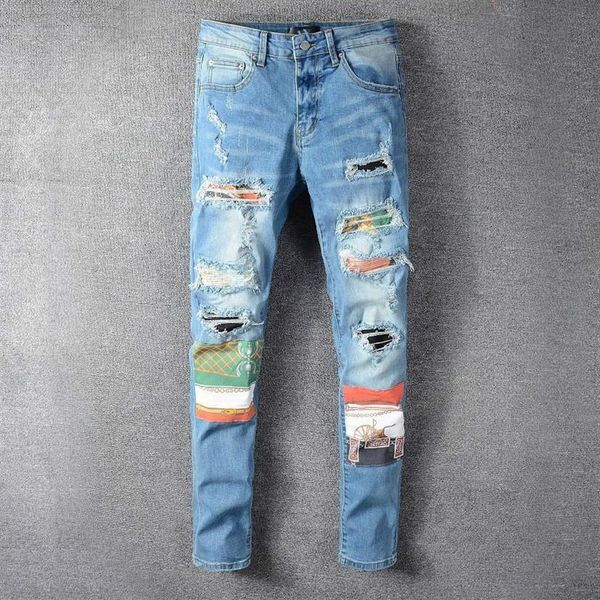 

vintage patchwork holes blue jeans men slim fit designer royal pattern jeans pants men big size hip hop party trousers305k