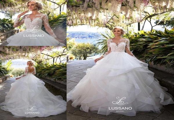 

layers ruffle skirts backless wedding dresses illusion long sleeves appliqued ball gown bridal wedding gowns arabic vintage2890351, White