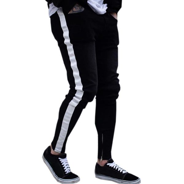 

black jeans men casual stripe trouser biker ripped skinny jeans frayed slim fit denim pants trousers clothes pencil pants258l, Blue