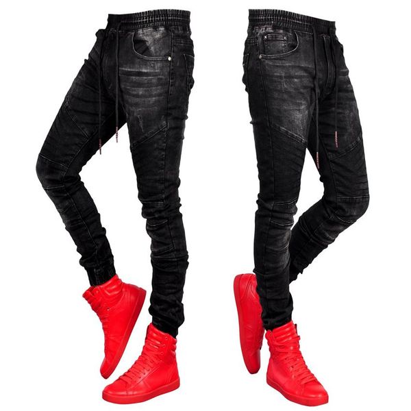 

jeans for men stylish black jeans jogger fashion elastic waist denim trousers pencil biker jean pants158k, Blue