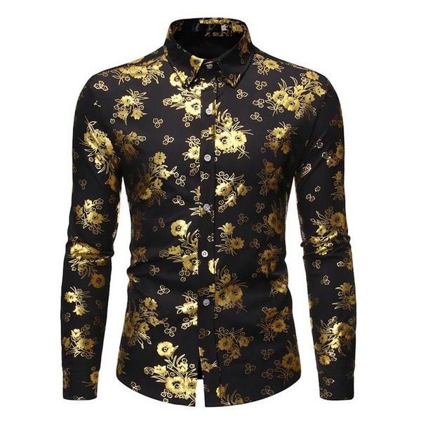 

shiny floral print button up shirt men 2021 luxury slim fit long sleeve dress shirt mens party wedding prom tuxedo shirts male242y, White;black