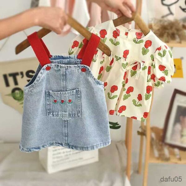 

clothing sets 0-6y girls dress suit summer new baby belt skirt short sleeve two-piece children's denim skirt suit kids clothing set r23, White