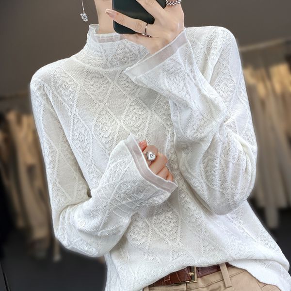 

women's sweaters cashmere sweater women 2023 autumn and winter fashion lace half turtleneck 230811, White;black