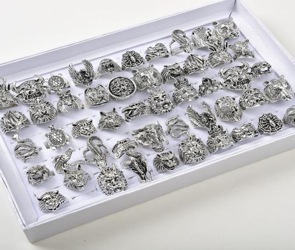 

whole 50pcslots vintage punk animal mix owl tiger dragon eagle etc style antique silver personality jewelry rings for men wom8367050, Golden;silver