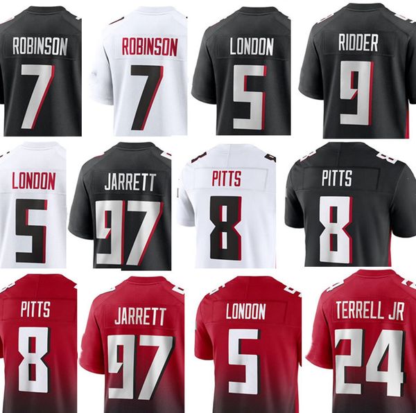 

football jerseys 21 deion sanders 8 kyle pitts 5 drake london 6 younghoe koo 7 bijan robinson 9 desmond ridder 97 grady jarrett 84 cordarrel, Black;red