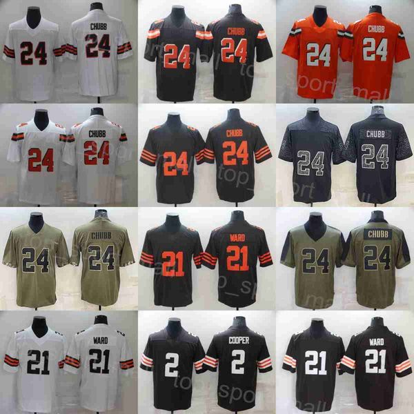 

men football 24 nick chubb jerseys 21 denzel ward 2 amari cooper stitched olive salute to service army green brown white orange black for sp, Black;red