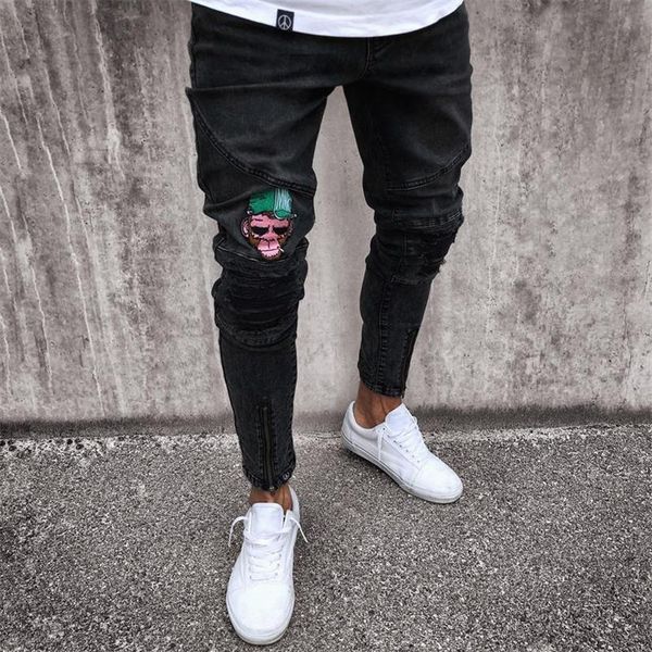 

men's jeans stretchy ripped skinny biker jeans cartoon pattern destroyed taped slim fit black denim pants new213u, Blue