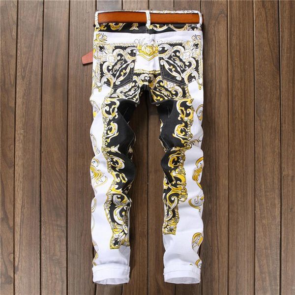 

mens jeans mens slim print jeans fashion flower straight white denim pants long trousers asian size176f, Blue
