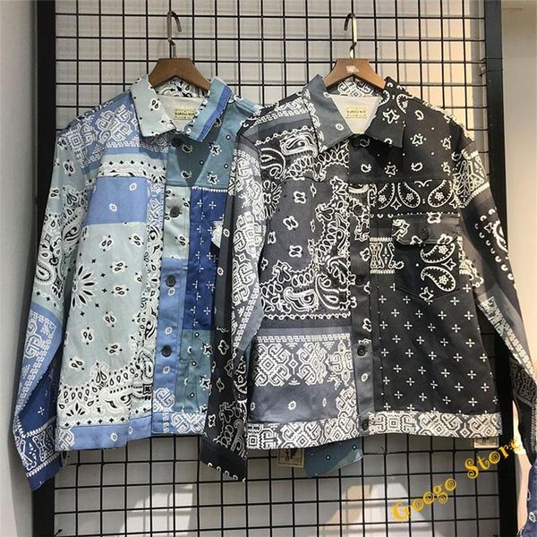 

hip-hop classic cashew flower printing kapital denim shirt men women quality purple blue gray cowboy long sleeve 82t, White;black