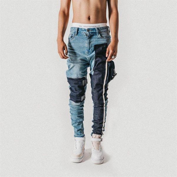 

strapped pocket distressed jeans slim tapered biker jeans hip hop streetwear non-stretch cotton 201111305w, Blue