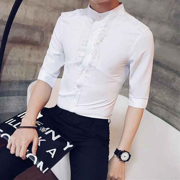

men's casual shirts stand collar lace shirt men fashion 2021 summer half sleeve mens all match streetwear party tuxedo dress281d, White;black