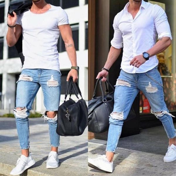 

men's jeans stretch destroyed ripped design fashion ankle pants zipper skinny for men227v, Blue