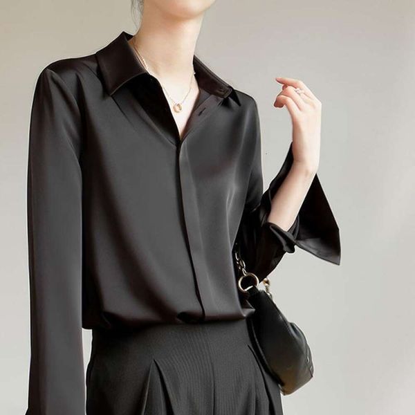 

gray blue satin blouse for shirt women long sleeves autumn all matching dark lapel retro harbor style feeling of, White