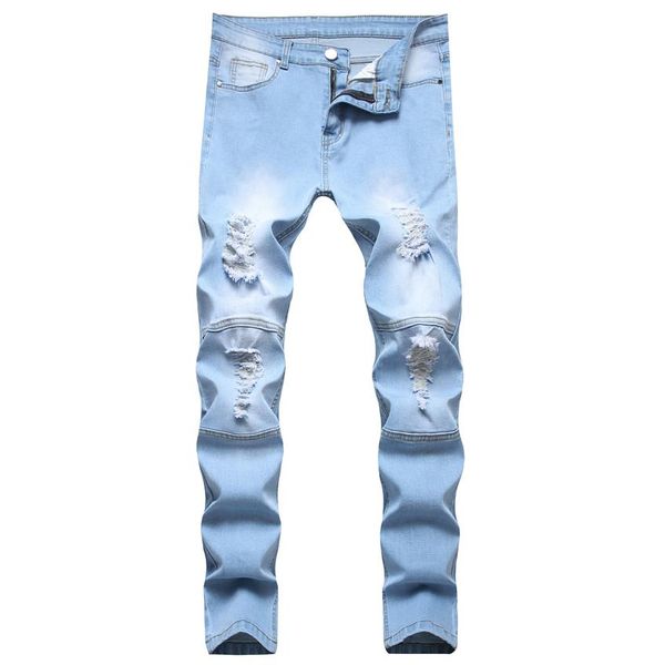 

men's jeans man white mid high waist stretch denim pants ripped slim skinny fold for men jean casual fashion personality pant230s, Blue