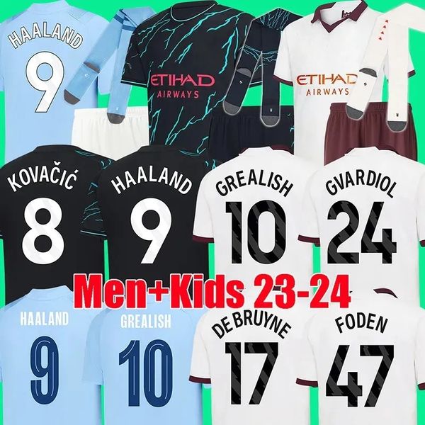 

23 24 haaland soccer jerseys grealish sterling mans cities mahrez fans player version de bruyne foden 2023 2024 football shirt kids kit set, Black;yellow