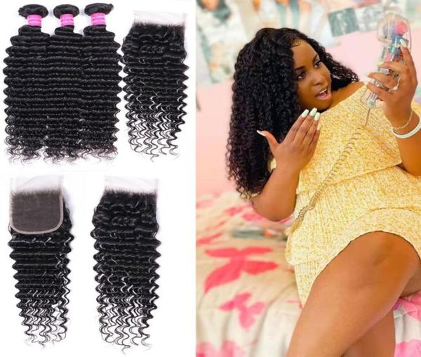 

whole deep wave hair 3 bundles with closure 44 unprocessed natural 1b color remy human bundles hair extensions77360999001971, Black