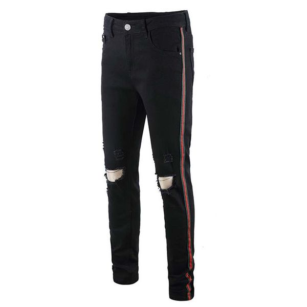 

2020 men skinny jeans piping casual slim denim knees holes ripped pants 293k, Blue