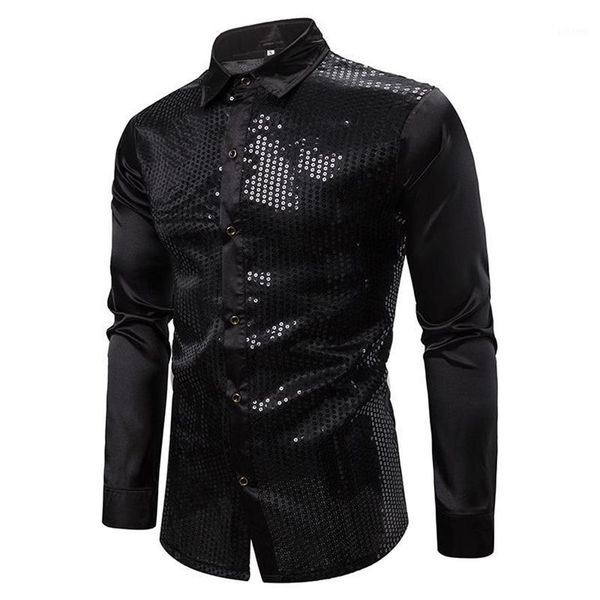 

mens black long sleeve button down dress shirts 2020 shiny sequin silk satin shirt men business party shirt male chemise homme1262b, White;black