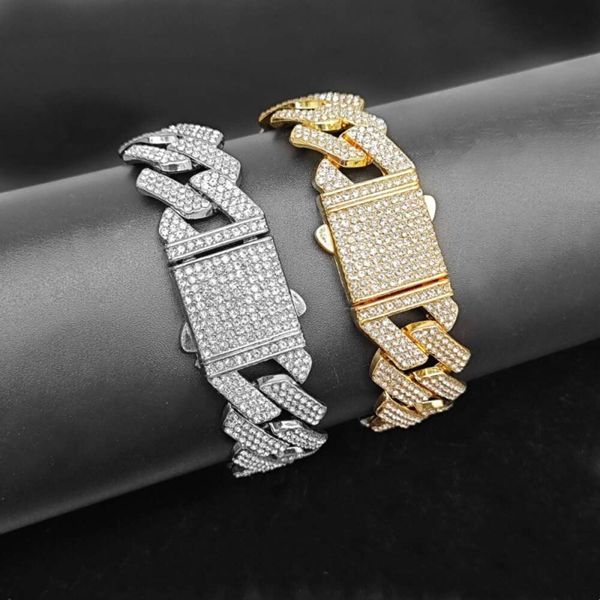 

moissanite pendant hiphop spring buckle bracelet 20mm three row diamond punk necklace 3a rhinestone hip-hop jewelry prism cuban chain bangle, Silver