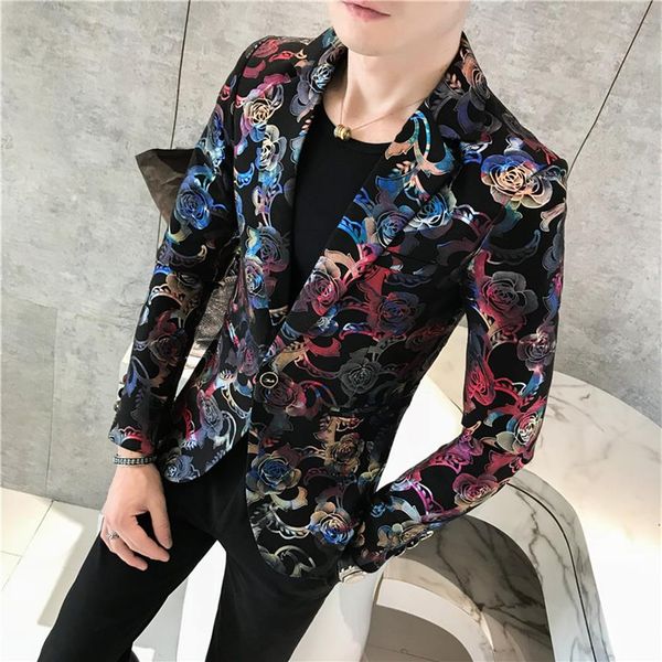 

2020 male suit blazer flower gold print party wedding festival stylish blazers for men stage costumes singers slim fit jacket349o, White;black
