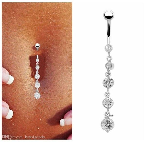 

stainless steel zircon long dangle round rhinestone navel belly ring button bar barbell rings piercing reverse jewelry9876543, Silver