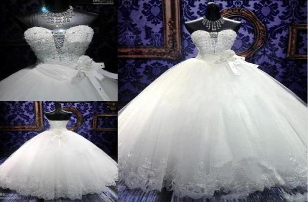 

2019 luxurious ball gown wedding dresses bridal gowns lace bling beaded crystal sweetheart neck lace up puffy quinceanera tulle dr9635292, White