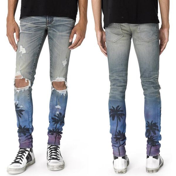 

tree printed painted ripped slim cut denim jeans in blue for man245z