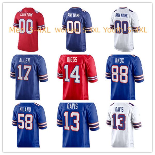 

football jersey 17 josh allen 13 gabe davis 88 dawson knox 58 matt milano 50 gregory rousseau 2 tyler bass 11 cole beasley 14 stefon diggs b, Black;red