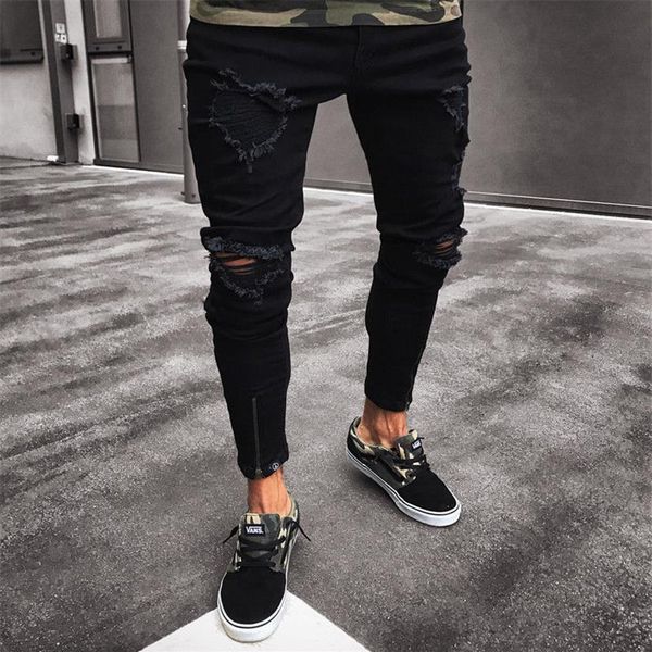 

mens cool designer brand black jeans skinny ripped destroyed stretch slim fit hop hop pants with holes for men2858, Blue